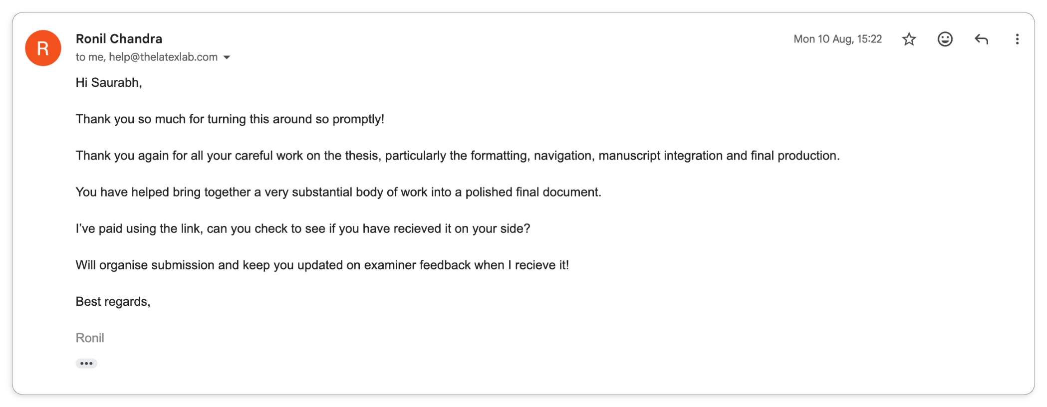 Client email thanking us for the formatting, navigation, manuscript integration and final production of the thesis