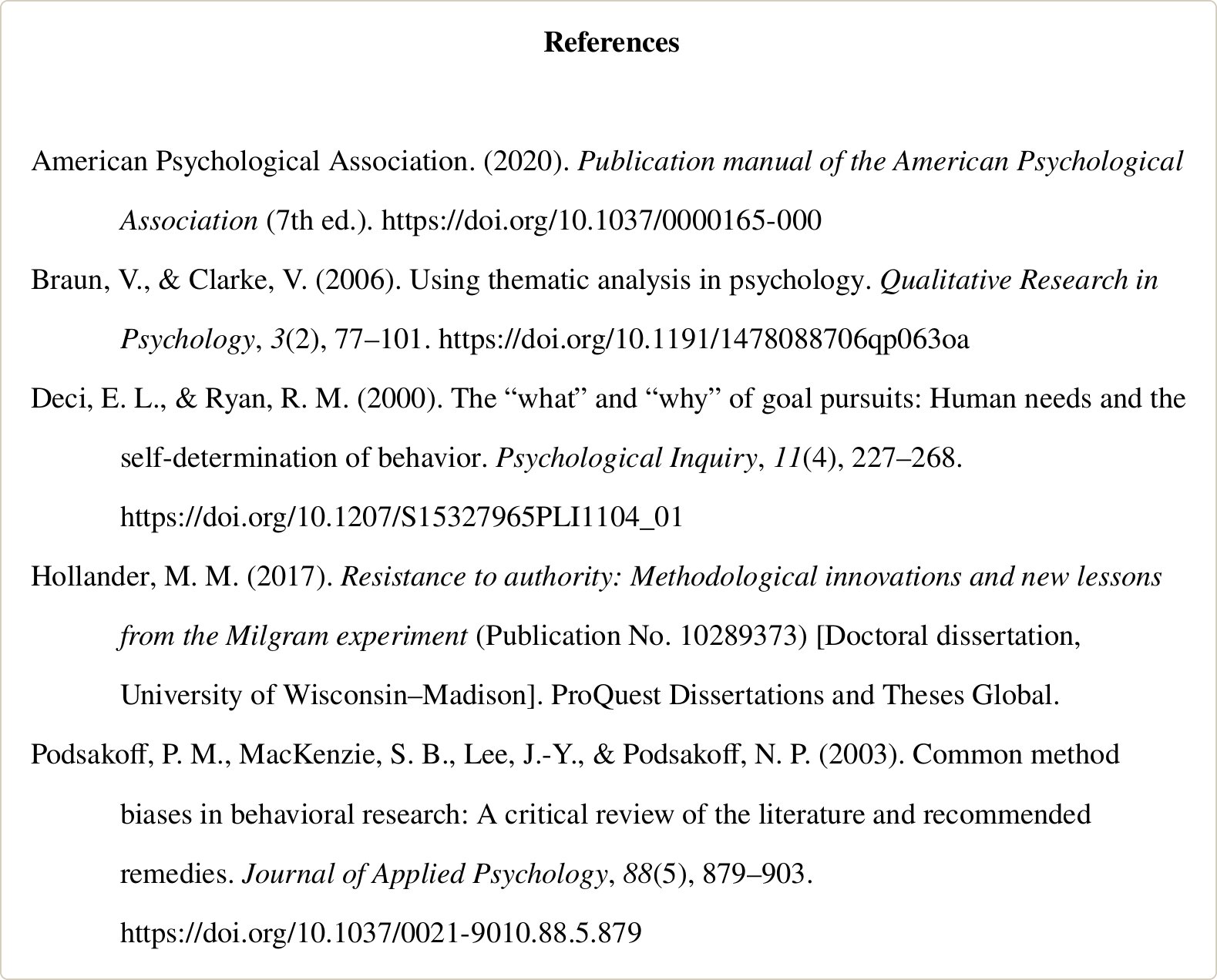 APA 7 reference list in a dissertation with a centered bold References label, hanging indents, DOIs and a ProQuest doctoral dissertation entry