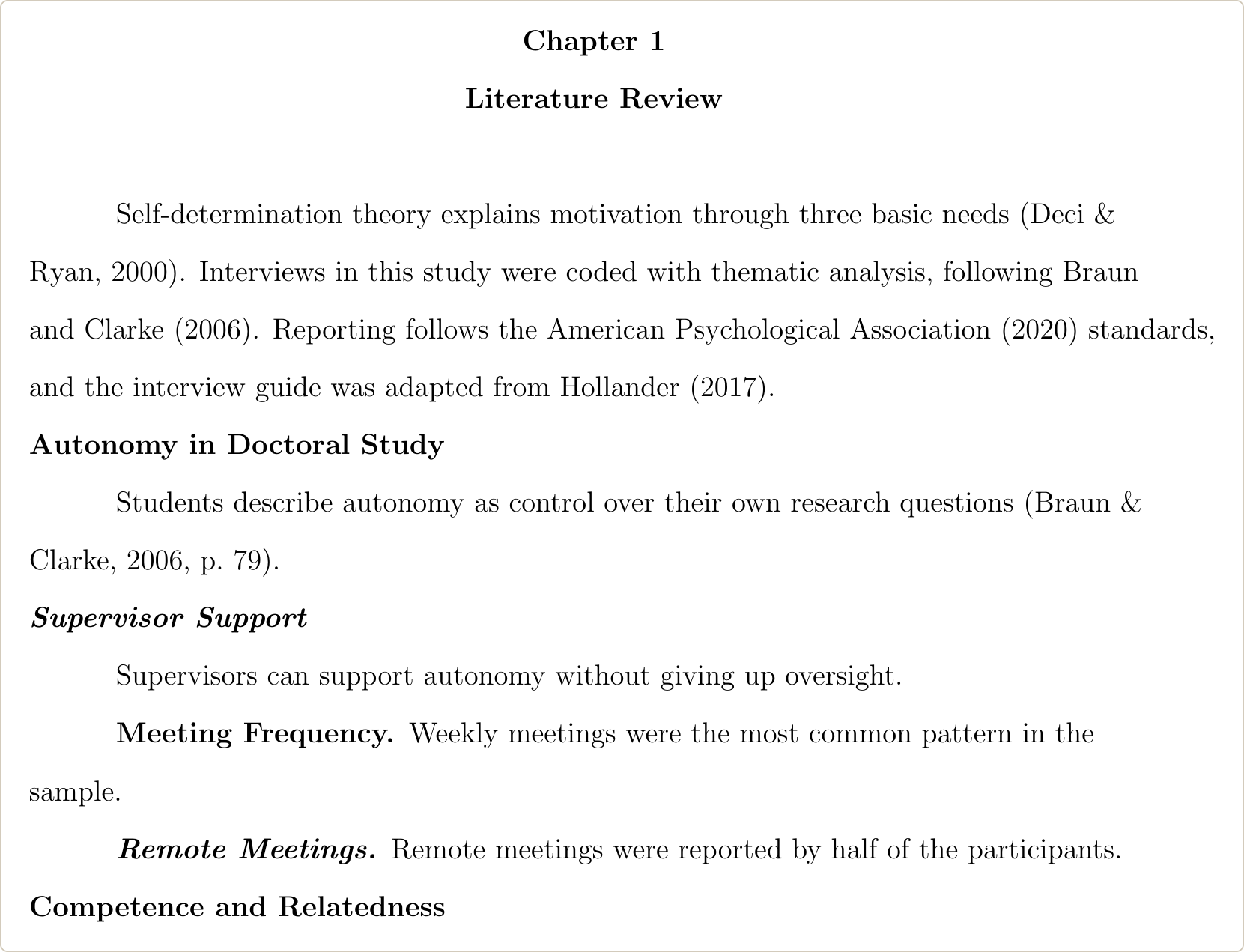 Chapter page with a centered bold chapter title and APA 7 Level 2 to 5 headings, double-spaced text and APA citations
