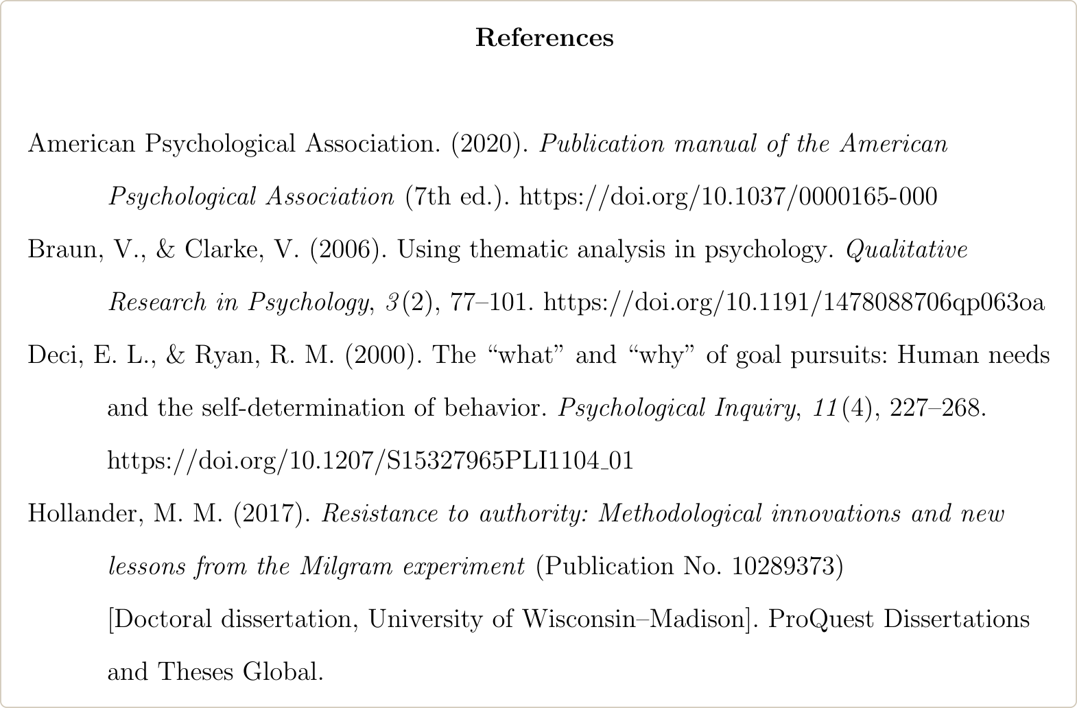APA 7 reference list from biblatex-apa with a centered References heading, hanging indents, double spacing and DOI links