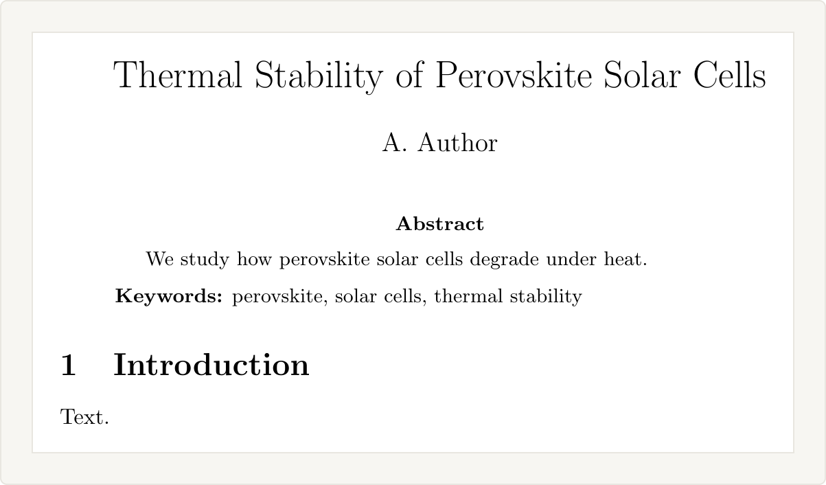 Article class output with a bold Keywords label below the abstract text