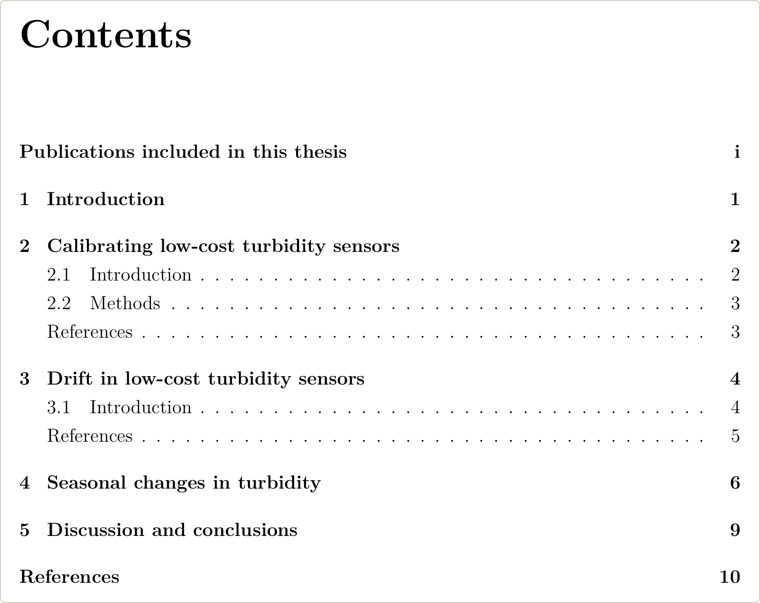 Contents page of a thesis by publication with a References entry under each paper chapter and a main References list at the end
