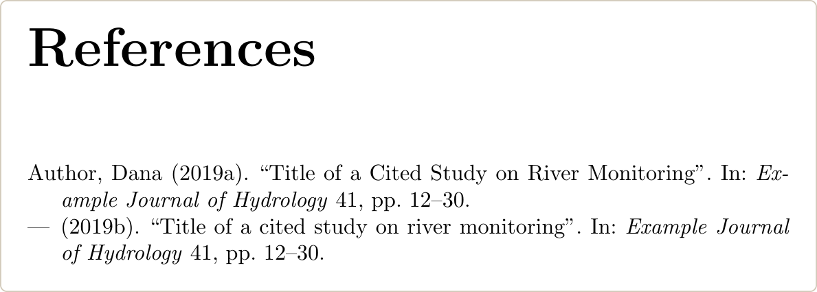 Reference list with the same article printed twice as Author 2019a and 2019b because it had two citation keys