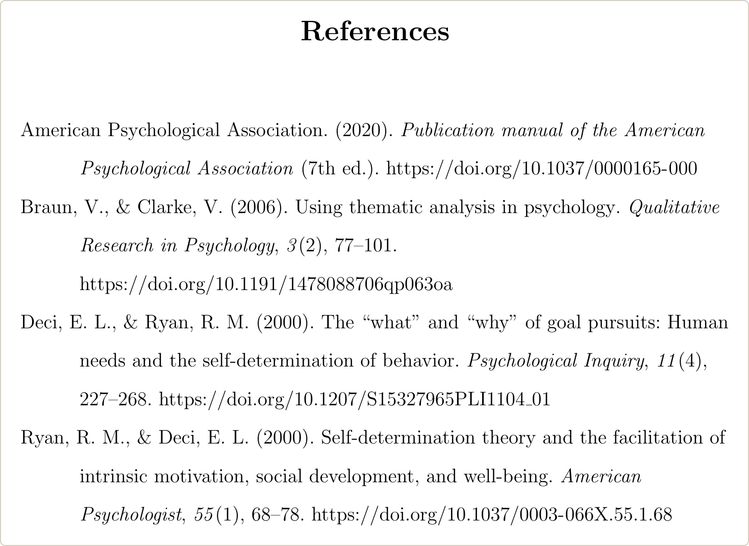APA 7 References page in the UT Austin LaTeX template with a centered heading, hanging indents and DOI links