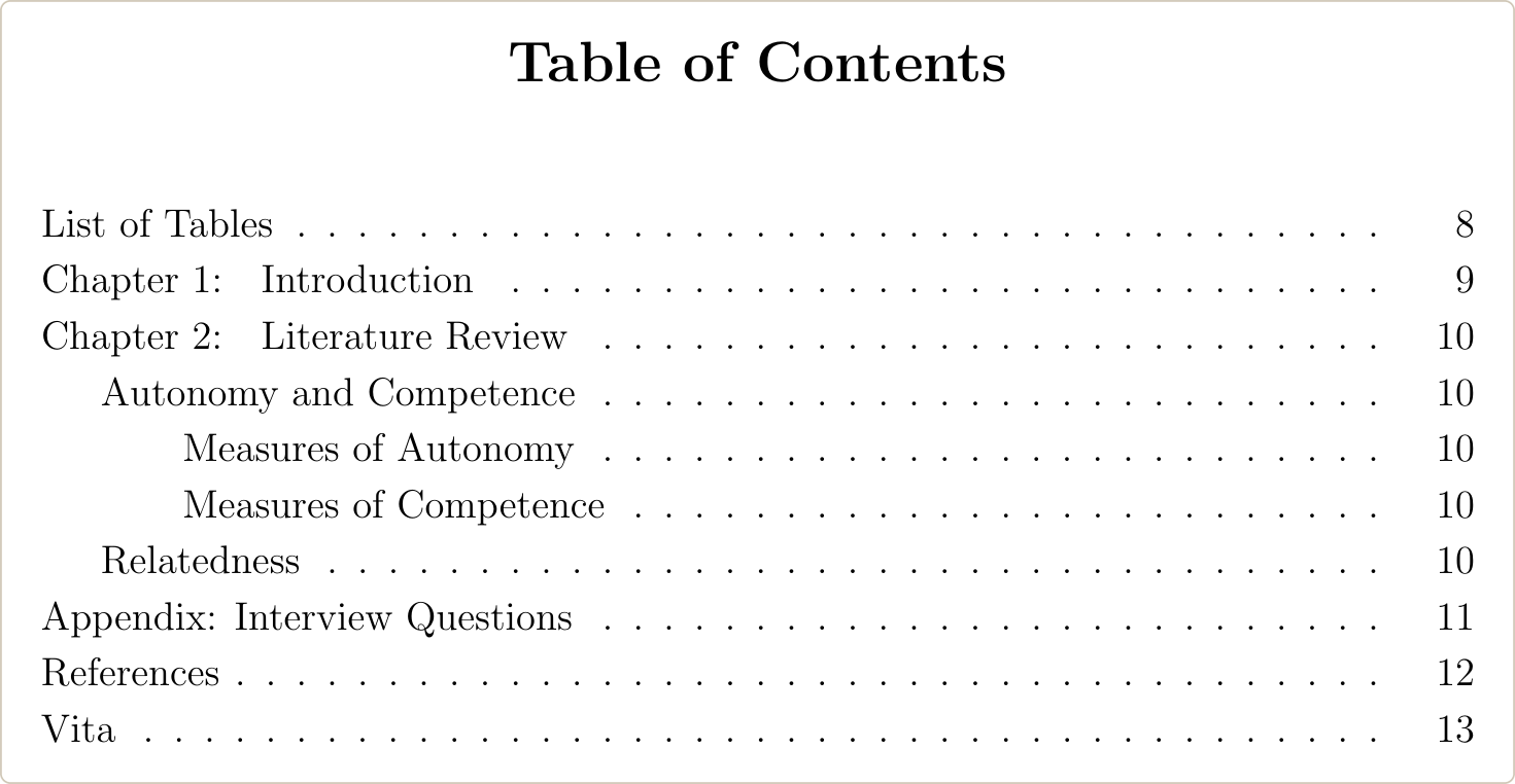 UT Austin table of contents with the list of tables first, chapters flush left, subheadings indented, then the appendix, References and Vita